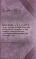 Interest tables at 4, 5, 6, 7, 8, 9 and 10 per cent per annum giving the interest from one dollar to one hundred thousand dollars from one to three hundred and sixty-eight days