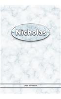Nicholas - Lined Notebook: College Ruled Blank Pages Plus Extra Date Neutral Calendar (12 Months) and Notepad Sketch Designs. Cover Print White Marble Background with Silver-I