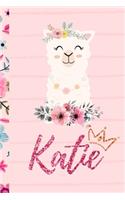 katie Journal: Personalized Name Journal For Girls And Women - Cute And Funny Llama Alpaca Notebook 6x9 blank lined journal diary With Pink Glitter Name