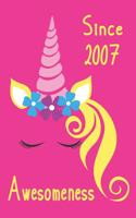 Awesomeness Since 2007: Blonde Hair Unicorn Themed Journal for Girls Who Were Born in the Year 2007, Compact Handy Size Notebook with 1/2 Blank and 1/2 Wide Ruled Pages for