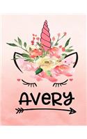 Avery: Unicorn Notebook For Girls Named Avery Personalized Notebooks Softcover 8.5x11 Wide Rule Blank Lined 100 Pages