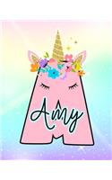 Amy: Girls Unicorn Journal to Write In - Personalized Journal