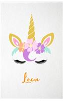 Leon A5 Lined Notebook 110 Pages: Funny Blank Journal For Lovely Magical Unicorn Face Dream Family First Name Middle Last Surname. Unique Student Teacher Scrapbook/ Composition Great