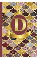 Letter D Notebook: Initial D Monogram Blank Lined Notebook Journal Rose Pink Gold Mermaid Scales Design Cover