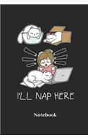 I'll Nap Here Notebook: DIN A5 Notizbuch 120 Blanke Seiten für Katze I Kätzchen I Mieze I Miezekatzen I Kater und Katzen Fans - Notizheft I Malbuch I Taschenbuch I Geschenk