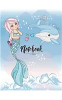 Notebook: Cute Mermaid and Whale Cover and and Lined Pages, Extra Large (8.5 X 11) Inches, 110 Pages, White Paper