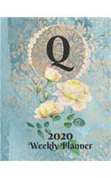 Plan On It Large Print 2020 Weekly Calendar Planner 15 Months Notebook Includes Address Phone Number Pages - Monogram Letter Q: January 2020 through March 2021: Blue and Peach Damask Lace with Yellow Roses on Glossy Cover
