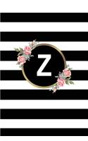 Z: Letter Z Monogram Personalized Journal, Floral Black & White Stripe Monogrammed Notebook, Blank Lined 6x9 Inch College Ruled 120 Page Perfect Bound 