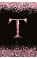 T: Personalized Initial Monogram Blank Lined Notebook Journal Printed Glitter Black and pink, for Women and Girls 6x9 inch. Christmas gift, birthday gi