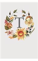 T: Pink Monogram Sketchbook - 110 Sketchbook Pages (6 x 9) - Sunflower Watercolor Monogram Sketch Notebook - Personalized Initial Letter Journal - Mono