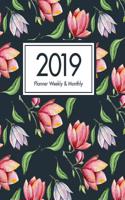 2019 Planner Weekly & Monthly: Agenda at a Glance Weekly Monthly Book Navy Floral Design Girly Women Happy January to December, Large Size 8x10