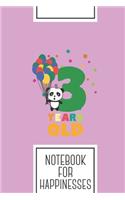 Notebook for Happinesses: Lined Journal with Three Years third Birthday Party Panda Design - Cool Gift for a friend or family who loves confetti presents! - 6x9" - 180 White 