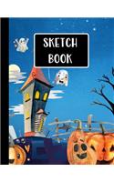 Sketch Book: Halloween Gifts for School Kids: Cute Smiling Halloween Ghosts Pumpkins and Castle Blue Large Sketchbook: Perfect Gift For Creative Artists, Great f
