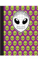 Composition Book 2x2 Quad Graph Paper: Purple and Green Emoji Alien Notebook with 150 Pages or 75 Sheets, 1/2 Inch Squares, Softcover