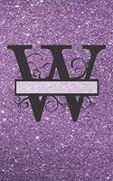 W - Journal & Notebook: Monogram Letter W, Journal, Notebook with Unicorn on Back - Purple Glitter Effect Cover