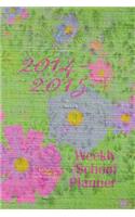 2014-2015 Weekly School Planner: Inspirational planner with colorful floral cover. Interior pages black and white with floral motif. Two pages per week, with inspiring quotes and ad