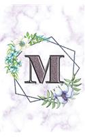 M: Personalized Dot Grid Bullet BUJO Notebook Journal Modern white Marble Floral Silver Initial Monogram Letter M- Many Usage Handy Travel Size For Wom