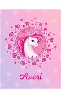 Averi: Unicorn Large Blank Primary Sketchbook Paper - Pink Purple Magical Horse Personalized Letter A Initial Custom First Name Cover - Drawing Sketch Book