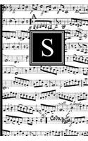 S: Musical Letter S Monogram Music Notebook, Black and White Music Notes Cover, Personal Name Initial Personalized Journal, 6x9 Inch Blank Lined Colleg