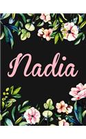 Nadia: Personalised Nadia Notebook/Journal For Writing 100 Lined Pages (Black Floral Design)