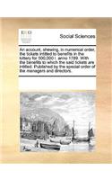 An account, shewing, in numerical order, the tickets intitled to benefits in the lottery for 500,000 l. anno 1789. With the benefits to which the said tickets are intitled. Published by the special order of the managers and directors.
