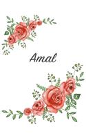 Amal: Personalized Notebook with Flowers and First Name - Floral Cover (Red Rose Blooms). College Ruled (Narrow Lined) Journal for School Notes, Diary Wri