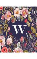 W: Monogram Initial W Notebook, Blank Wide-Ruled Lined Composition Journal for Women, Girls and School for note-taking, diary, stress relief (Floral Mo