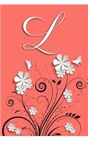 L: Letter L Journal, Flowers and Butterflies on Coral, Personalized Notebook Monogram Initial, 6 X 9
