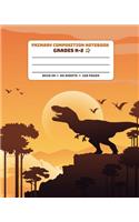 Primary Composition Notebook Grades K-2: Picture drawing and Dash Mid Line hand writing paper Story Paper Journal - Dinosaur Orange Design