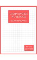 Graph Paper Notebook: 1/2 Inch Squares (Large, 110 Pages, Thin Gray Lines, Red and White Soft Cover)