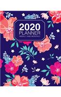 2020 Planner Weekly And Monthly: Jan 2020 to Dec 2020 Planner Organizer Agenda Pretty Flowers On Navy Blue