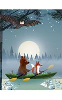 Bear & Fox Journal - Paddling a Kayak on the River Under a Full Moon - College Ruled Notebook