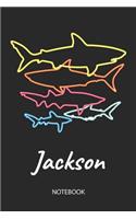 Jackson - Notebook: Blank Lined Personalized & Customized Name 80s Neon Retro Shark Notebook Journal for Men & Boys. Funny Sharks Desk Accessories Item for 1st Grade / 