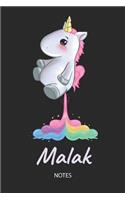 Malak - Notes: Noms Personnalisé Carnet de notes / Journal pour les filles et les femmes. Kawaii Licorne pétant arc-en-ciel. Accessoires de licorne amusants et fou