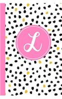 L: Confetti Polka Dot Letter L Monogram Personalized Journal, Black White & Pink Monogrammed Notebook, Lined 6x9 Inch College Ruled 120 Page Perfect Bo
