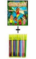 Colouring Book Of Shinchan With Sketch Pen Combo Set [ 12 Sketch Pen Multicolour ] For Kids & Childrens | Fun Activity Colouring Book | Sketch Pen Set | Crayons Set | Colouring | Drawing