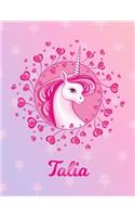 Talia: Unicorn Large Blank Primary Sketchbook Paper - Pink Purple Magical Horse Personalized Letter T Initial Custom First Name Cover - Drawing Sketch Book