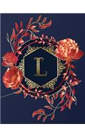 Journal Notebook Initial Letter "L" Monogram: Elegant, Decorative Wide-Ruled Diary. Featuring Unique Red/Peach Roses & leaf design, Navy Blue Background and Gold Hexagonal Frame around a Scroll 