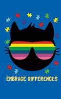 Embrace Differences: Writing Notebook / Blank Diary with 100 Lined Pages / 6x9 Composition Book, Autism Spectrum Disorder Awareness, Cat, Sunglasses, Rainbow, Puzzle Pie