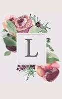 L: Pink Monogram Sketchbook - 110 Sketchbook Pages (6 x 9) - Soft Pink Roses and Peonies in a Watercolor Monogram Sketch Notebook - Personalized Initia