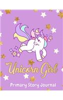 Unicorn Girl Primary Story Journal: Purple Gold Composition Notebook 150 pages of Creative Story Paper to Draw and Write - Picture Space with Dotted Dashed Midline - School Exercise Bo