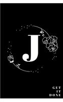 Simple Black Initial Letter J Notebook with Rose Floral Journal for Women, Girls Birthday Gift and School