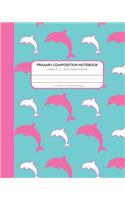 Primary Composition Notebook: Story Paper Journal for Grades K-2 with Dashed Line and Drawing Space Pink and White Dolphins on Aqua