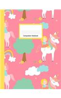 Composition Book: Wide Ruled Notebook Pink Princess Riding Unicorn Design Cover