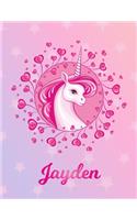 Jayden: Unicorn Large Blank Primary Handwriting Learn to Write Practice Paper for Girls - Pink Purple Magical Horse Personalized Letter J Initial Custom Fir