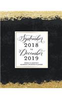 September 2018 - December 2019: Black & Gold Weekly Monthly Academic Organizer Book