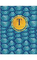 Initial T Notebook, Monogram Journal: Blue and Teal Nautical Ocean Theme, Mermaid Tail Design Personal Diary, 8.5 X 11