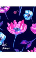 2020 Planner: Large Weekly Simple Planner: 52 Week Agenda: Navy Blue, Bright Pink & Aqua Flowers: Paperback Cover