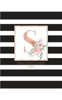 Weekly & Monthly Planner 2019: Black and White Stripes with Rose Gold Monogram Letter S and Pink Flowers (7.5 X 9.25") Vertical Striped at a Glance Personalized Planner for Women 