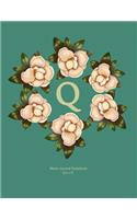 Blank Journal Notebook: Q: Monogram with Magnolia Wreath. Original Artwork, Soft teal covered Journal, 110 Blank pages 8.5x11